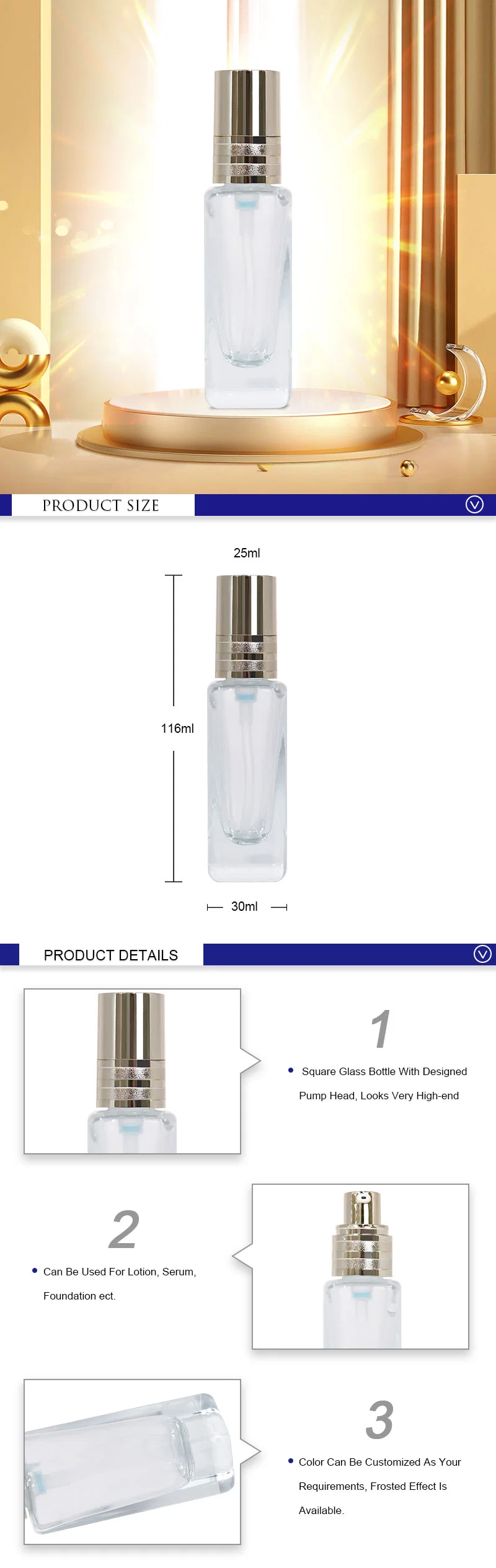 Wholesale Empty Transparent Cosmetic Serum Glass Bottles Square Foundation Bottle 25ml