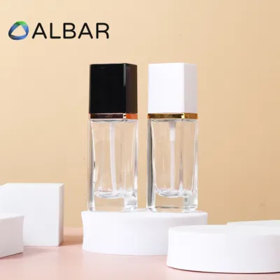 20 ml 30 ml clair et givré personnaliser maquillage fond de teint verre cristal parfum cosmétiques bouteille avec pompe à pression ou vaporisateur en forme carrée rectangulaire portable